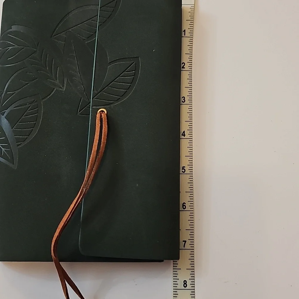 Green Leaf Embossed Faux Suede Leather Journal with Leaf Charm Emerald Green